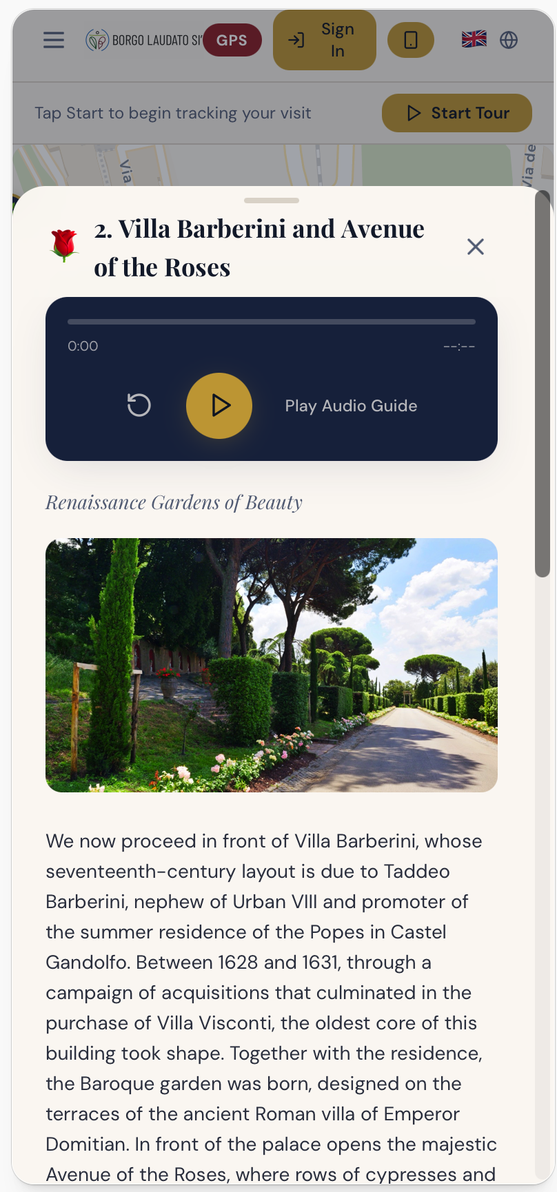 Borgo Explorer audio tour stop screen