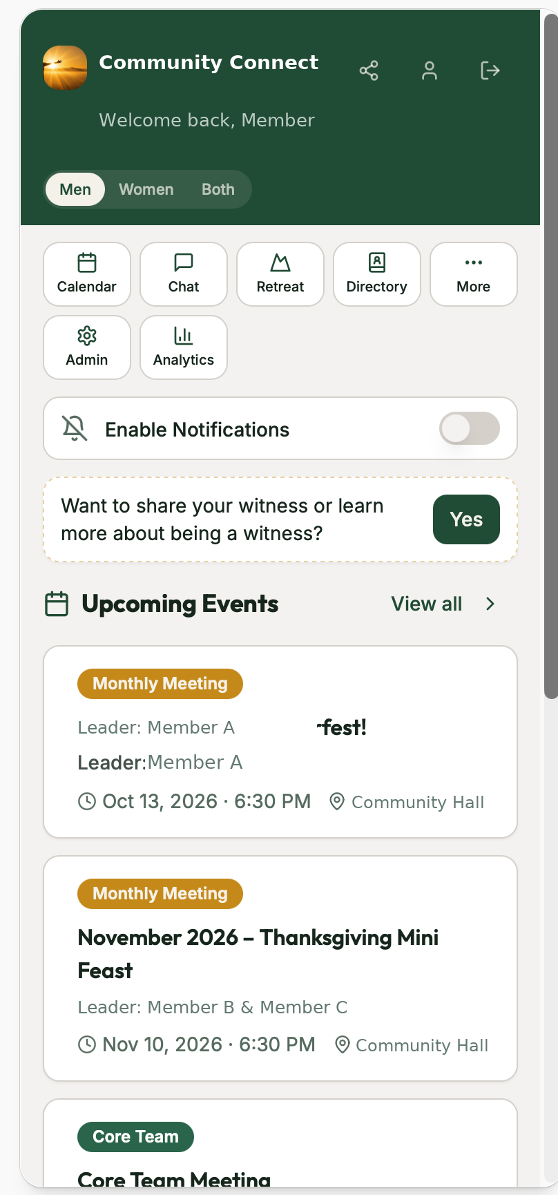 Ministry Community App home screen